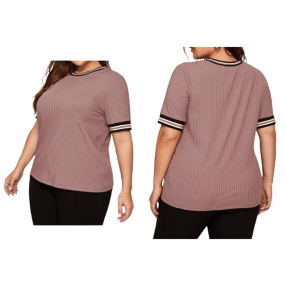 SHEIN Curve Pink Ribbed Top Crewneck Striped Trim Blouse Shirt - Picture 1 of 12